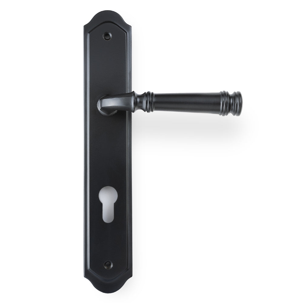 Tuscany Lever on Traditional Euro Plate in Matt Black – modern euro profile door handle for contemporary architectural designs.