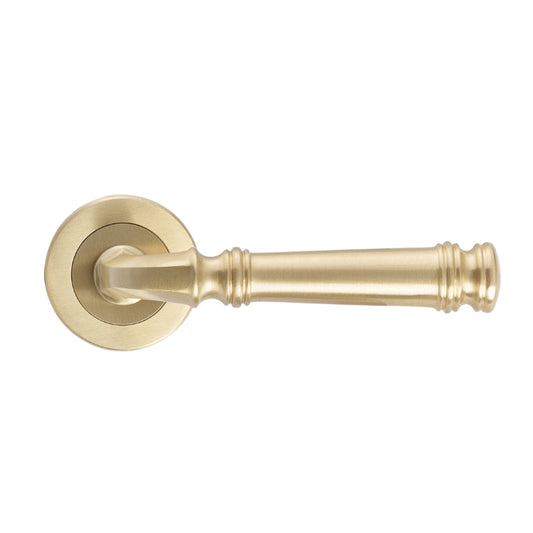 Tuscany Lever on Rose in Satin Brass – warm-toned front door handle ideal for soft luxe interiors.