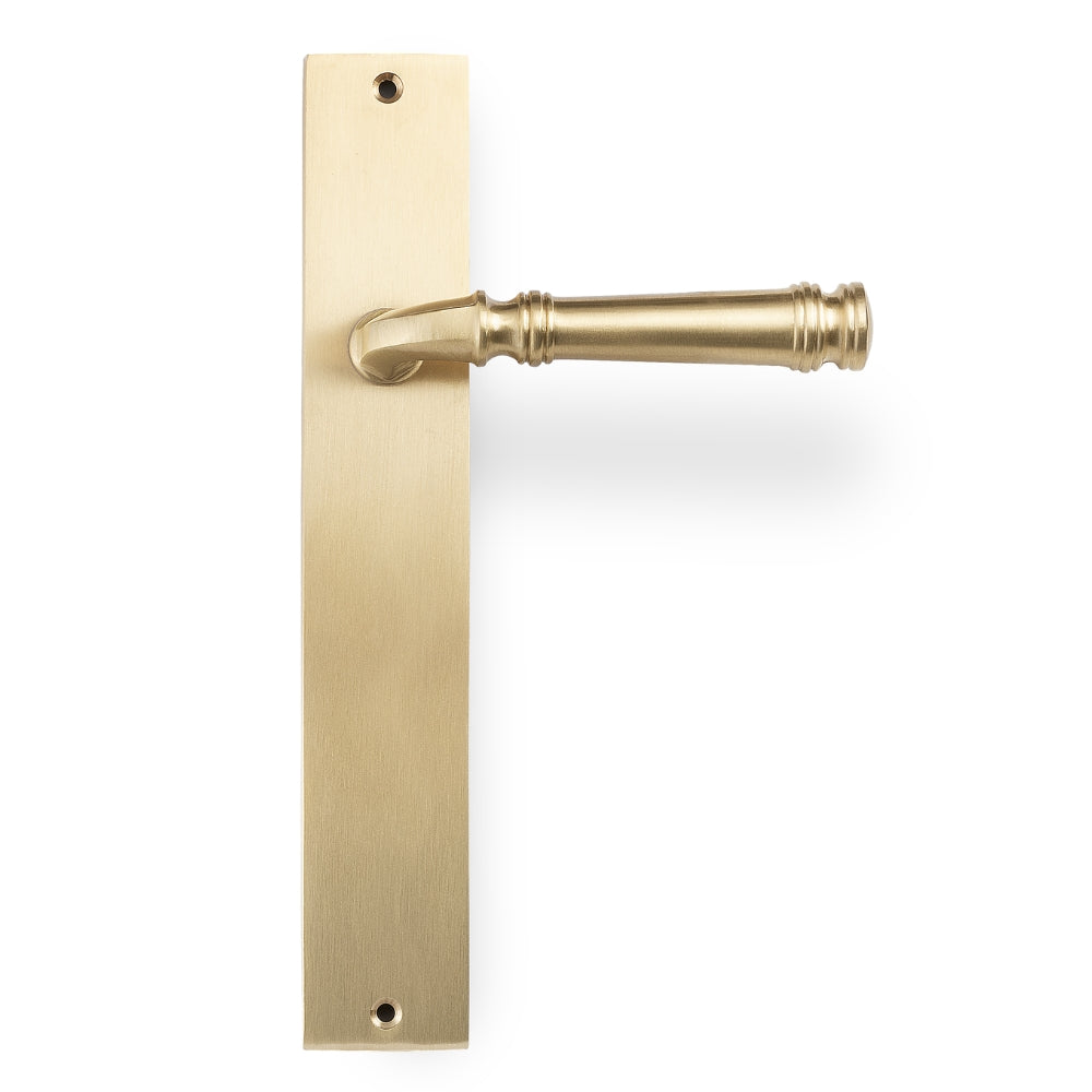 Tuscany Lever on Rectangle Passage Plate in Satin Brass – soft gold door handle finish for understated luxury interiors.