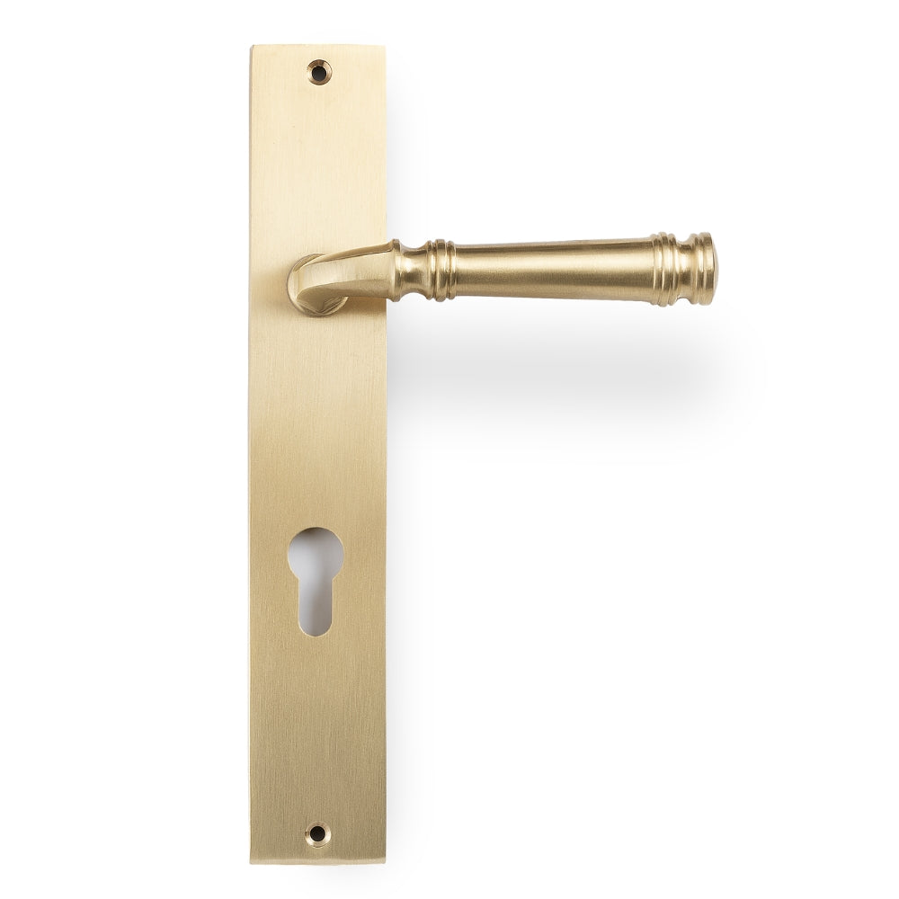 Tuscany Lever on Rectangle Euro Plate in Satin Brass – soft gold euro profile handle for elegant and contemporary interiors.