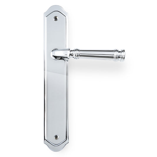 Tuscany Lever on Traditional Passage Plate in Chrome Plate – reflective, polished door hardware for sophisticated designs.