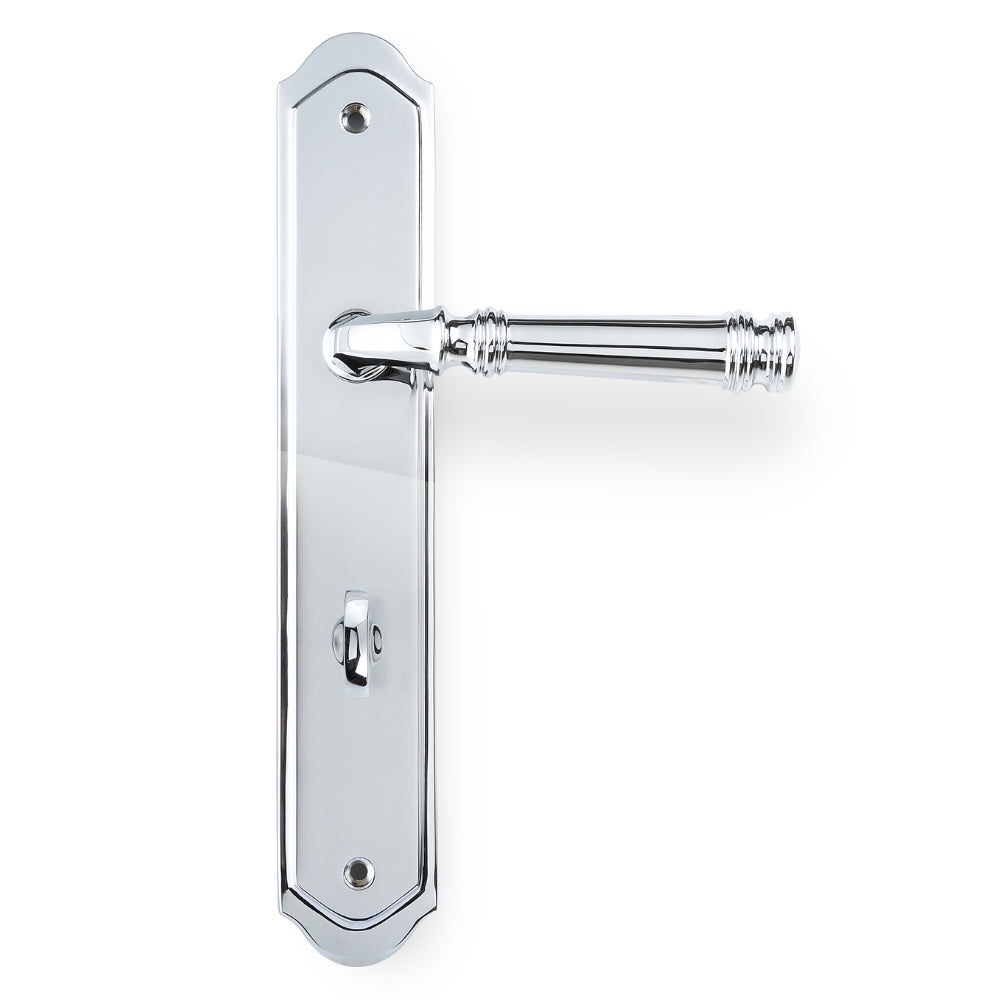 Tuscany Lever on Traditional Privacy Plate in Chrome Plate – polished privacy handle for contemporary and transitional designs.