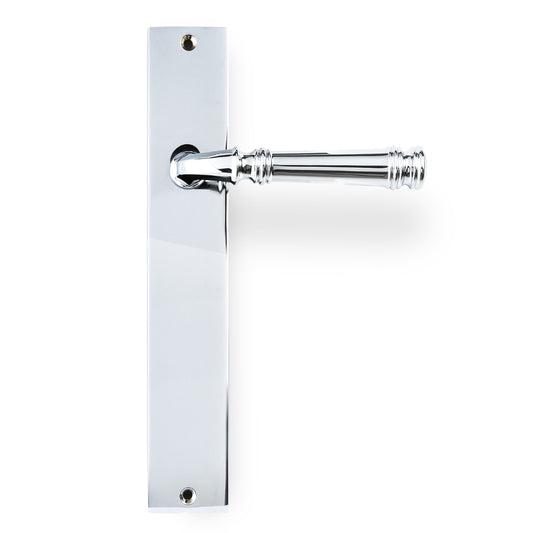 Tuscany Lever on Rectangle Passage Plate in Chrome Plate – polished silver-tone handle for clean, modern passage doors.