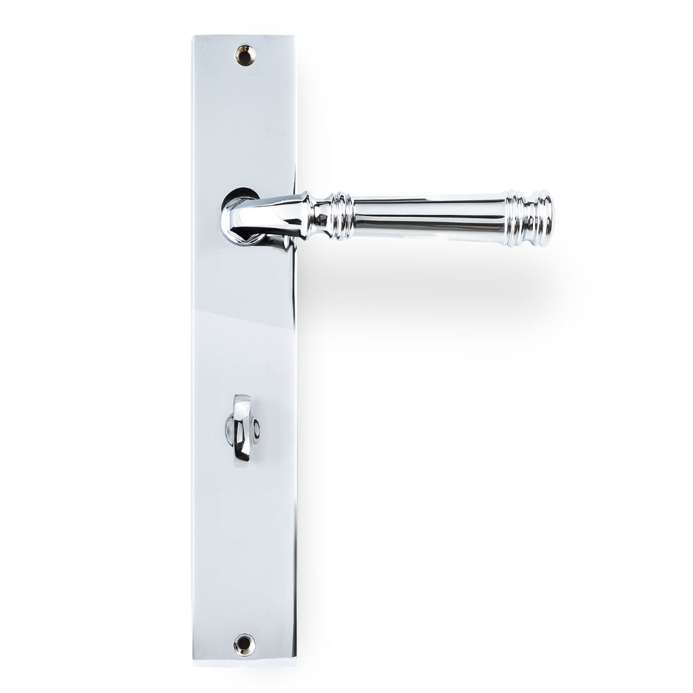 Tuscany Lever on Rectangle Privacy Plate in Chrome Plate – sleek privacy handle for polished, modern living spaces.