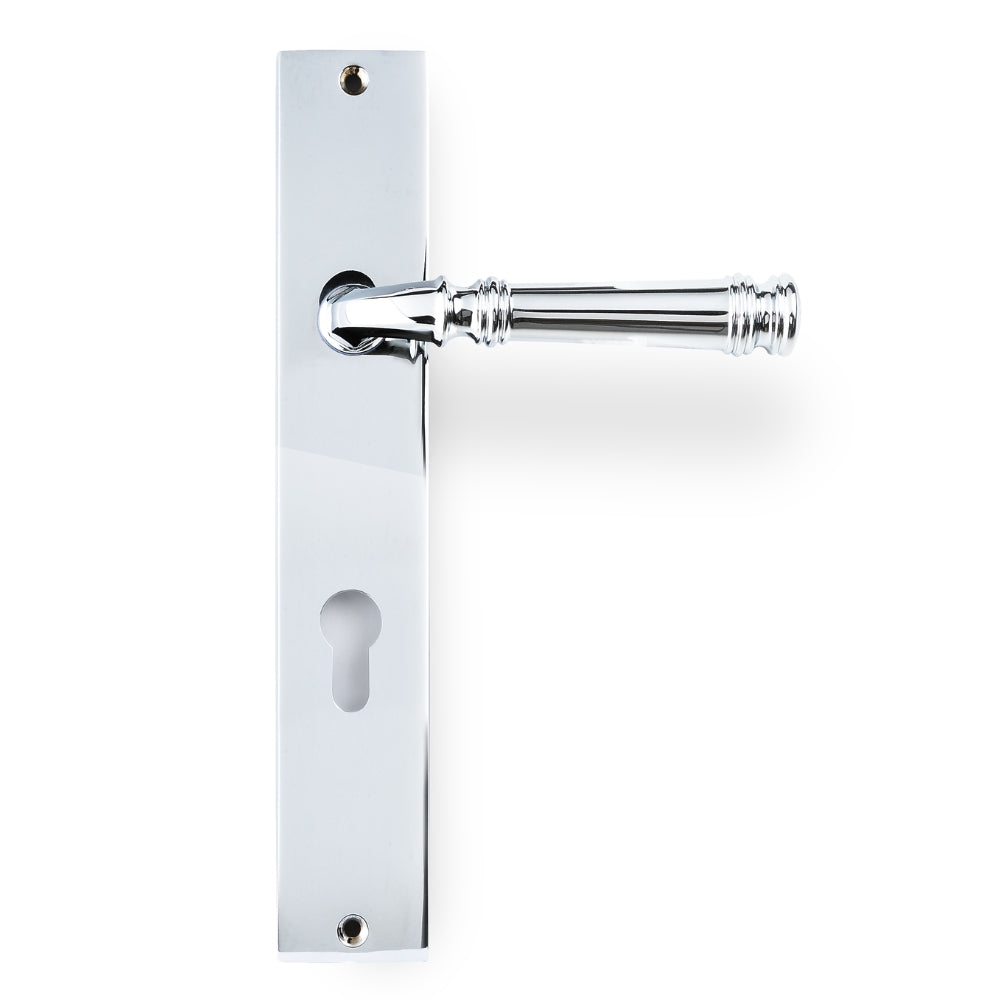 Tuscany Lever on Rectangle Euro Plate in Chrome Plate – polished euro cut-out door handle for sleek, modern entry doors.