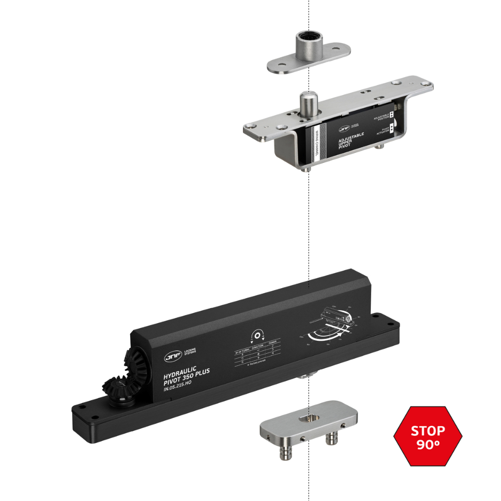 The JNF Hydraulic Pivot 350 Plus elements as they would sit in the door with a top pivot and base pivot.