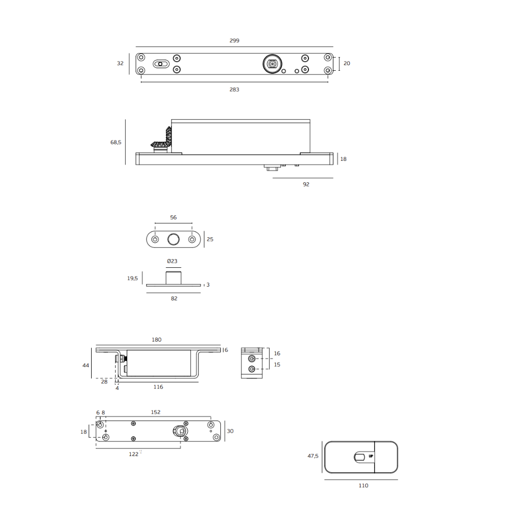 Black specification line drawing for the IN.05.215.HO JNF Hydraulic Pivot 350 Plus on a white background.