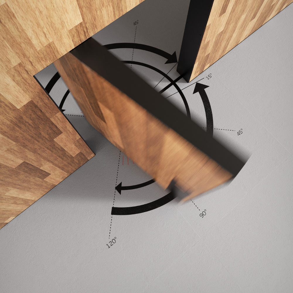 A large wooden door with a JNF Hydraulic Pivot System 500 Plus installed showing it's total swing radius.