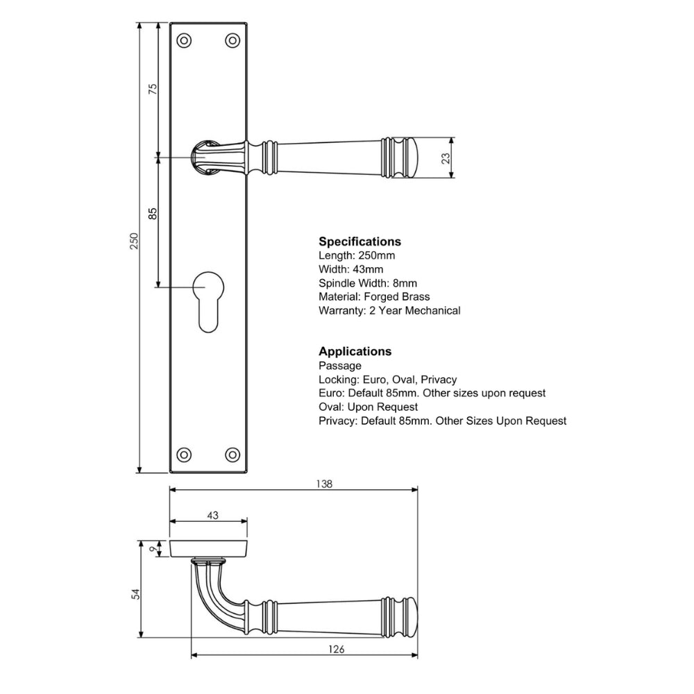 Specification drawing with measurements of the Tuscany lever handle on rectangle plate.