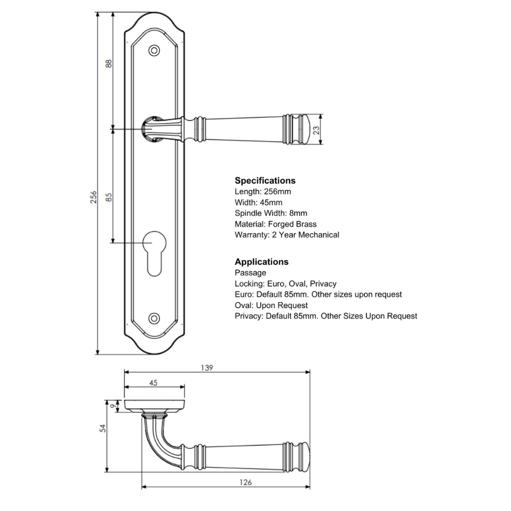Specification drawing with measurements of the Tuscany lever on traditional plate.