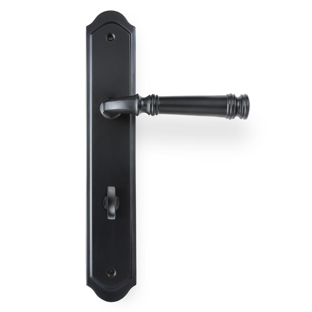 Product picture of the Tuscany Lever on Traditional Privacy Plate in Matt Black on a white background.