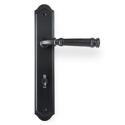 Product picture of the Tuscany Lever on Traditional Privacy Plate in Matt Black on a white background.