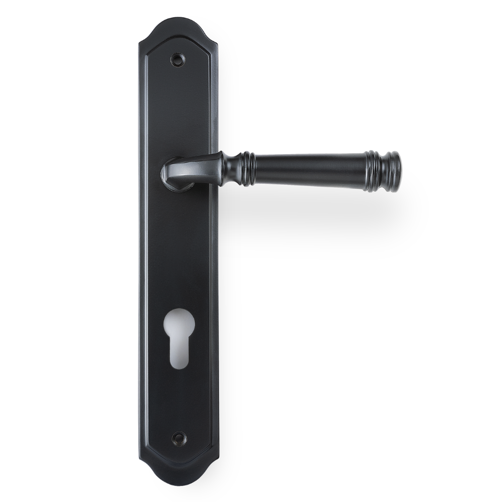 Product picture of the Tuscany Lever on Traditional Euro Plate in Matt Black on a white background.