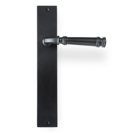 Product picture of the Tuscany Lever on Rectangle Passage Plate in Matt Black on a white background.