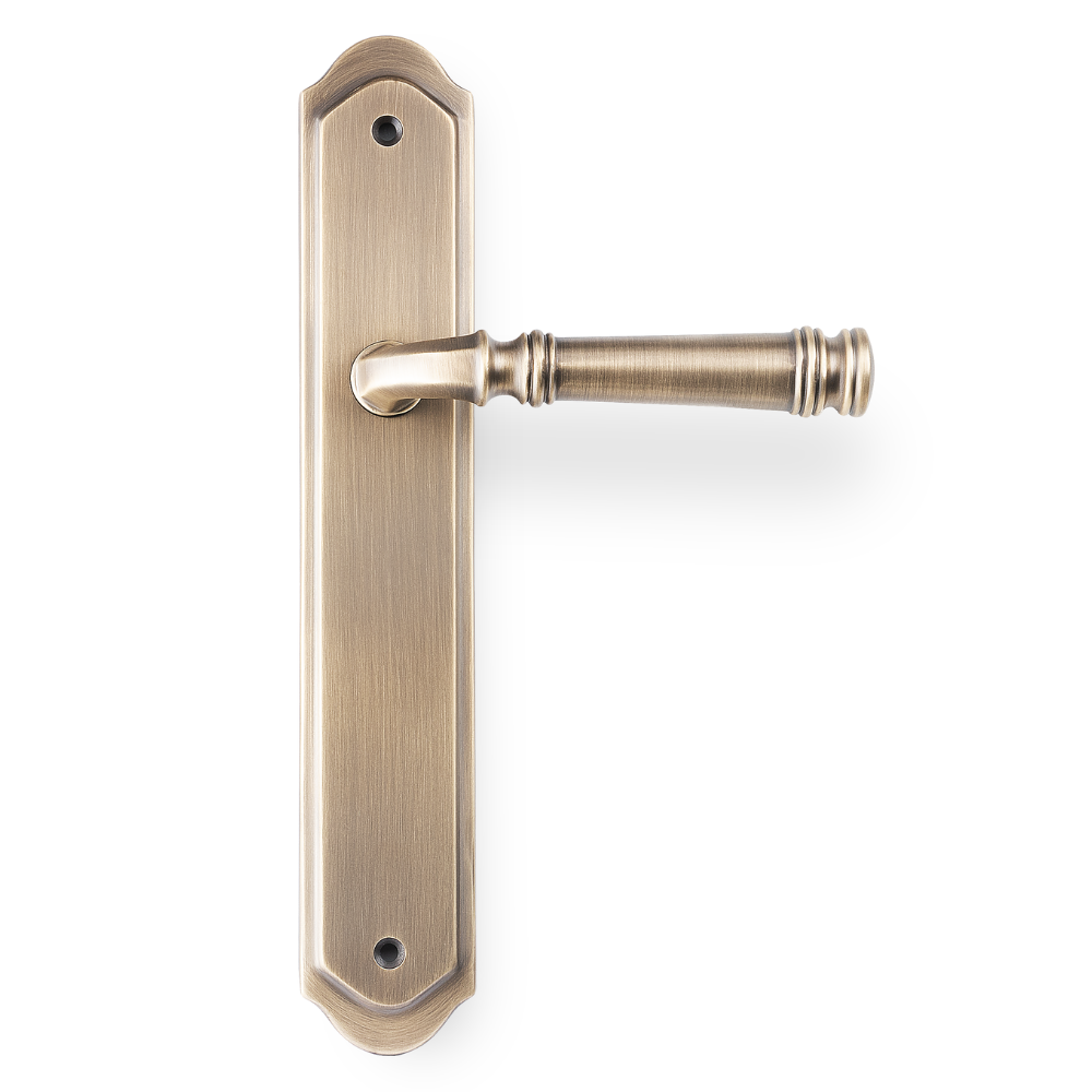 Product picture of the Tuscany Lever on Traditional Passage Plate in Antique Brass on a white background.
