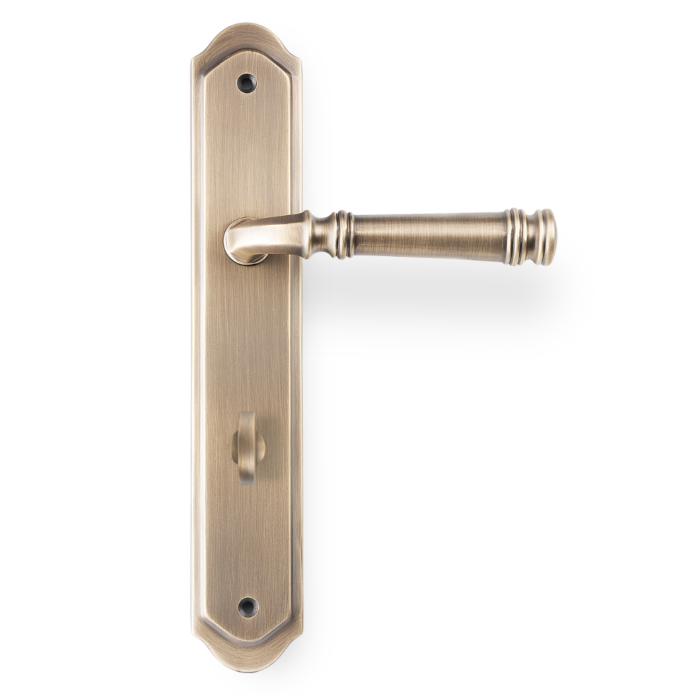 Product picture of the Tuscany Lever on Traditional Privacy Plate in Antique Brass on a white background.