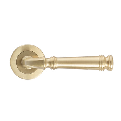 Tuscany Lever on Rose in Satin Brass – warm-toned front door handle ideal for soft luxe interiors.