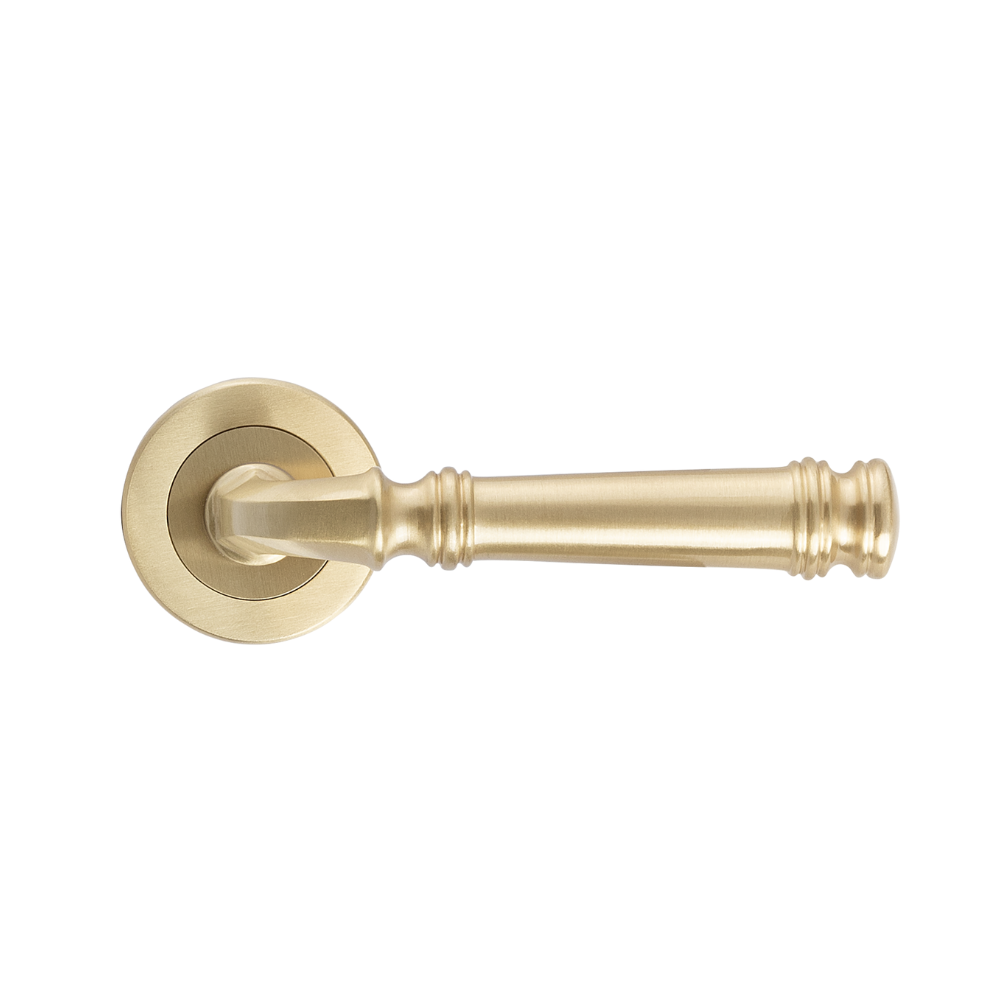 Product picture of the Tuscany Lever on Round Rose in Satin Brass on a white background.