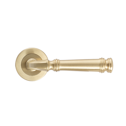 Product picture of the Tuscany Lever on Round Rose in Satin Brass on a white background.