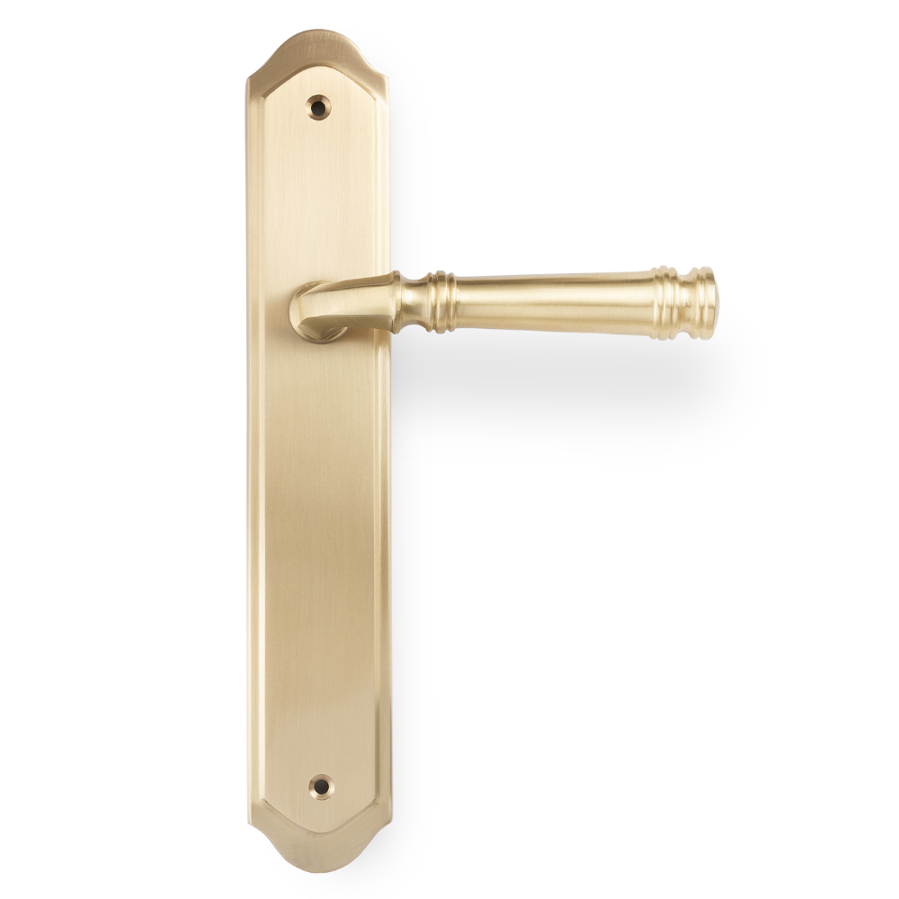 Product picture of the Tuscany Lever on Traditional Passage Plate in Satin Brass on a white background.