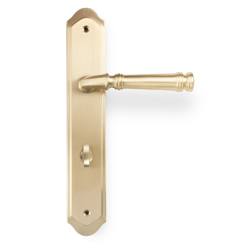 Product picture of the Tuscany Lever on Traditional Privacy Plate in Satin Brass on a white background.