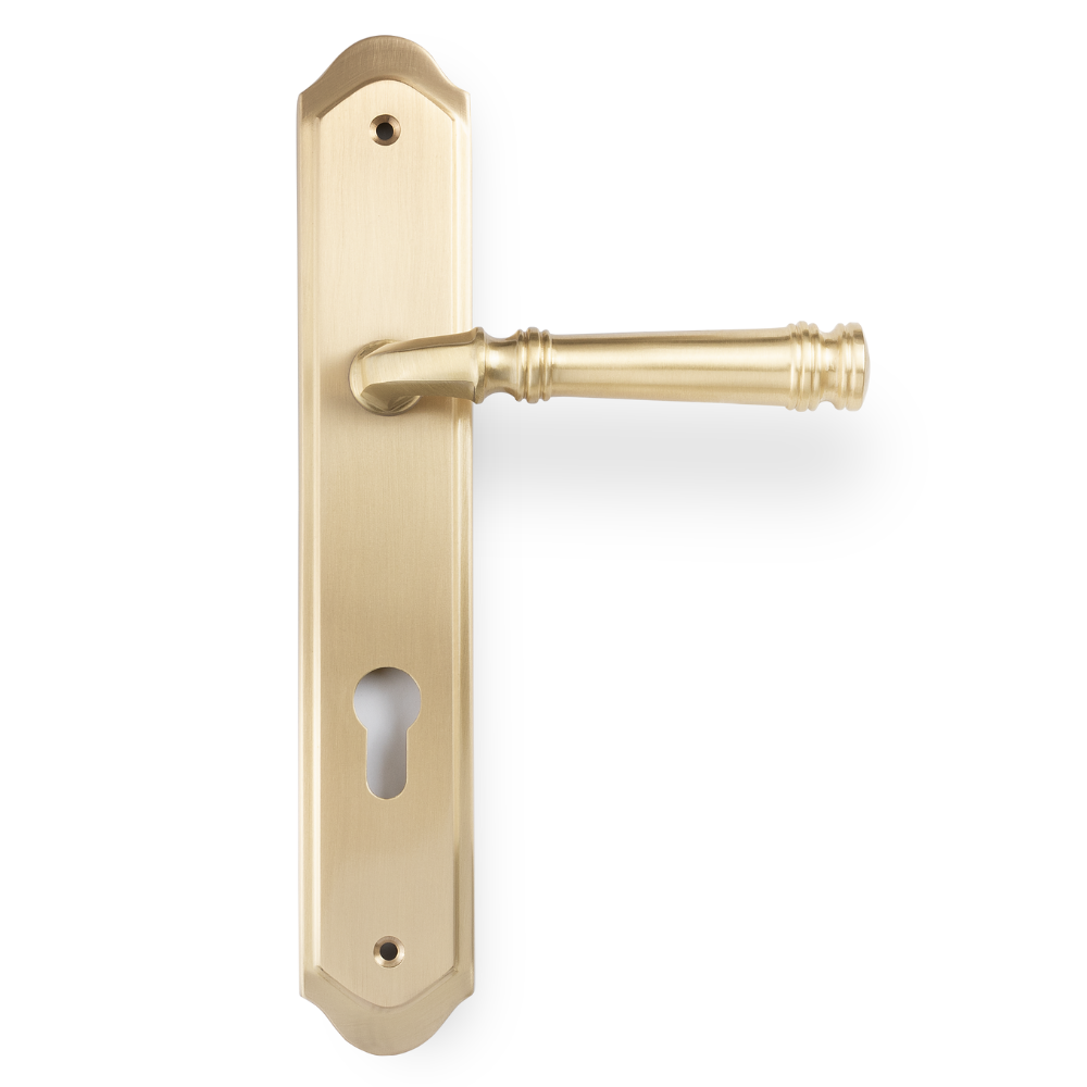 Product picture of the Tuscany Lever on Traditional Euro Plate in Satin Brass on a white background.