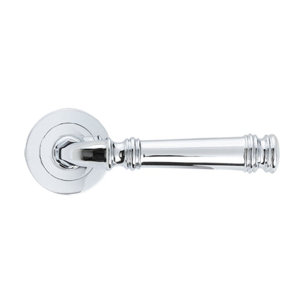 Tuscany Lever on Rose in Chrome Plate – sleek and polished door handle for modern entryways.