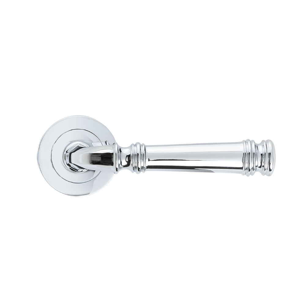 Product picture of the Tuscany Lever on Round Rose in Chrome Plate on a white background.