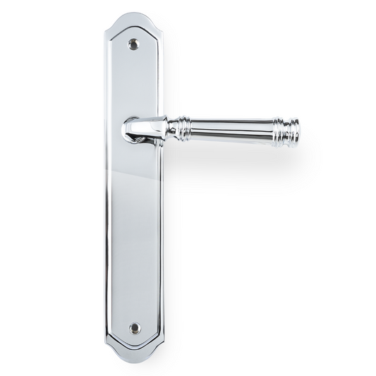 Product picture of the Tuscany Lever on Traditional Passage Plate in Chrome Plate on a white background.