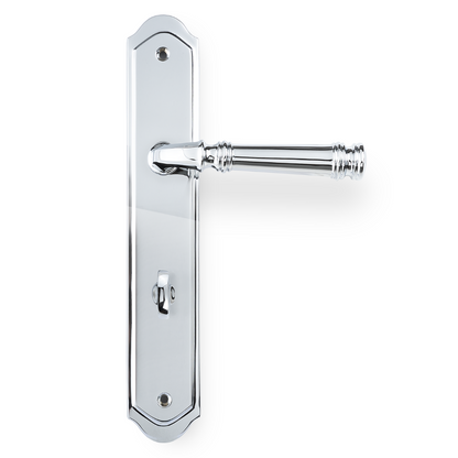 Product picture of the Tuscany Lever on Traditional Privacy Plate in Chrome Plate on a white background.