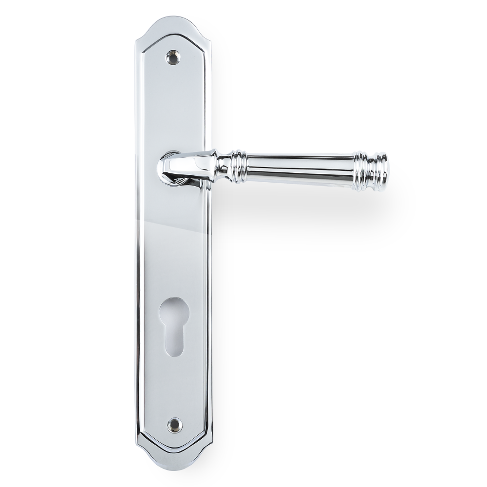 Product picture of the Tuscany Lever on Traditional Euro Plate in Chrome Plate on a white background.