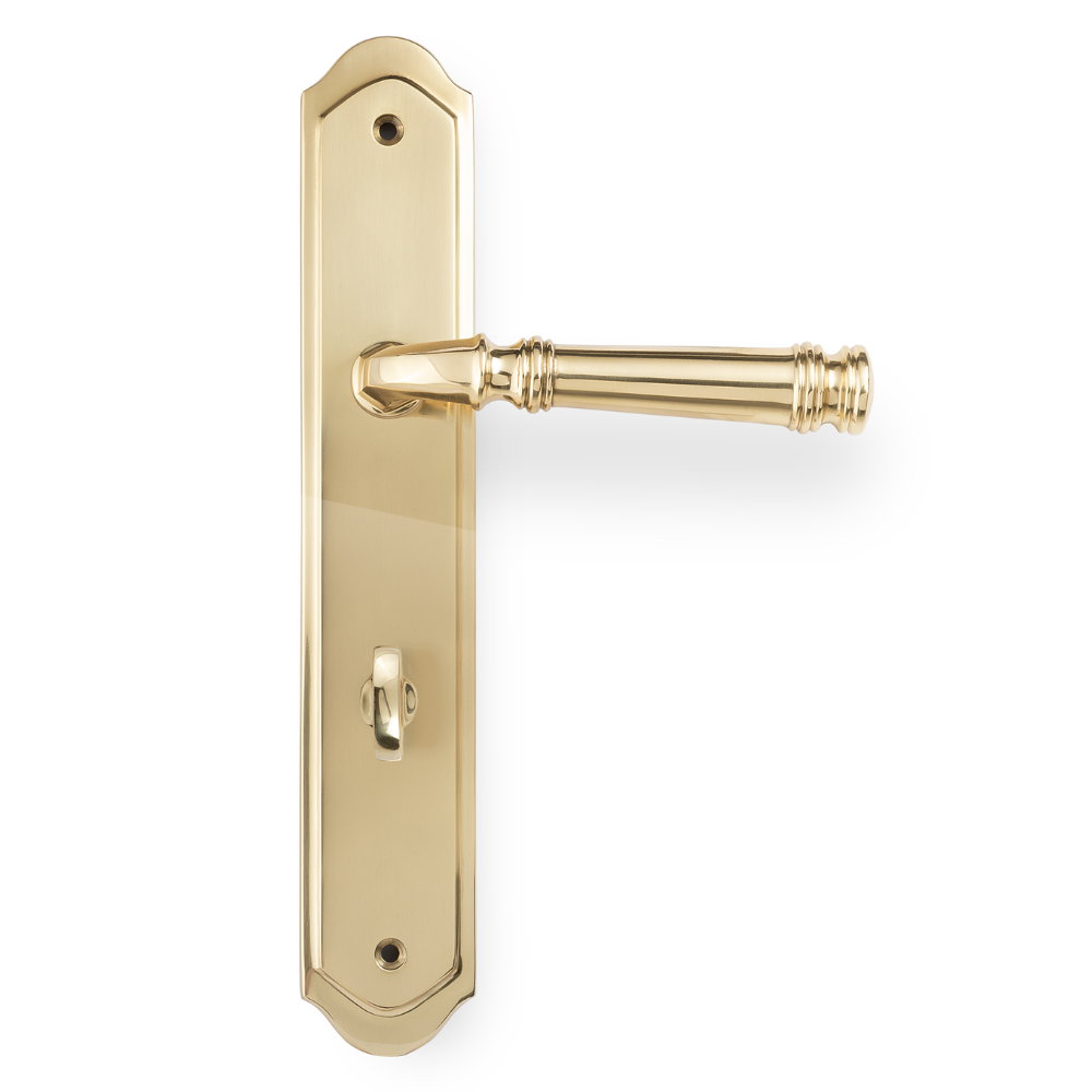 Product picture of the Tuscany Lever on Traditional Privacy Plate in Polished Brass on a white background.