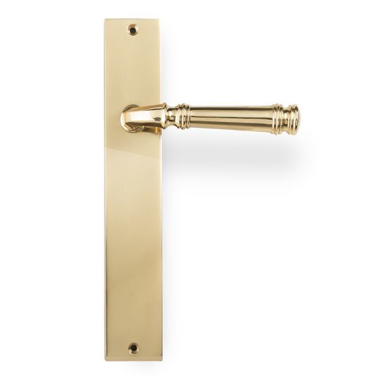 Product picture of the Tuscany Lever on Rectangle Passage Plate in Polished Brass on a white background.