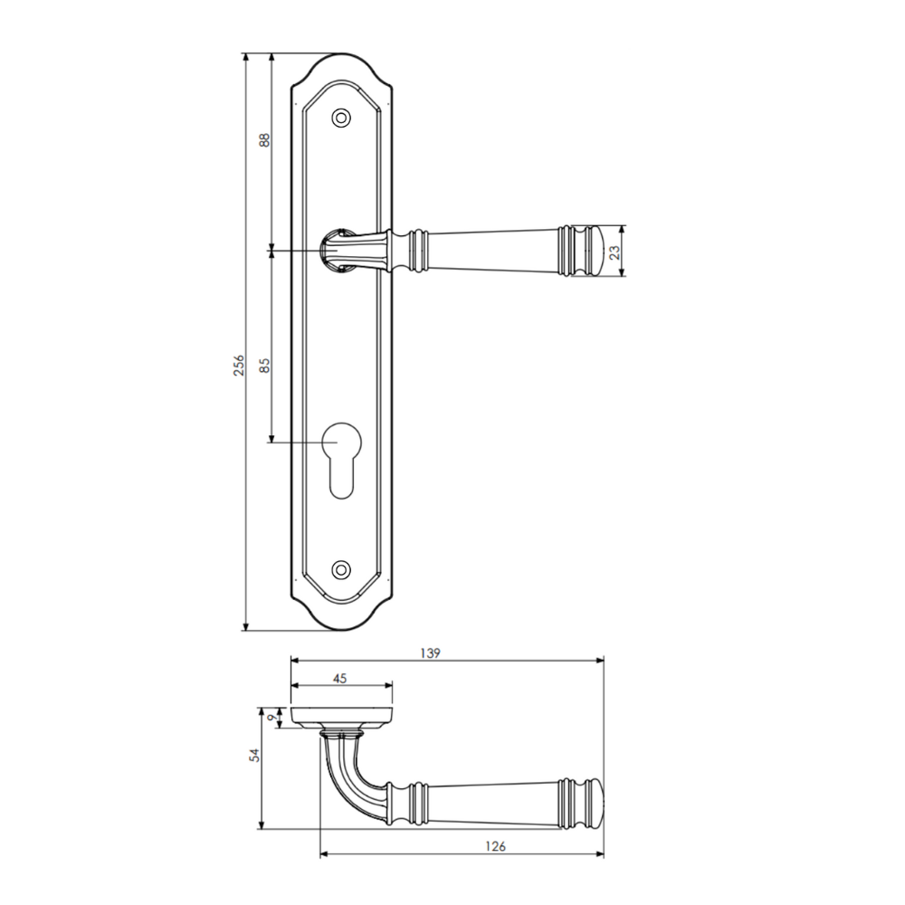 Specification line drawing of the Tuscany Lever on Traditional Euro Plate on a white background.