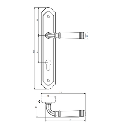 Specification line drawing of the Tuscany Lever on Traditional Euro Plate on a white background.